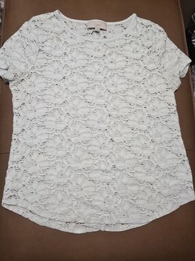 LOFT Soft Mint Lace Crochet Knit Top XL Short Sleeve Floral Blouse